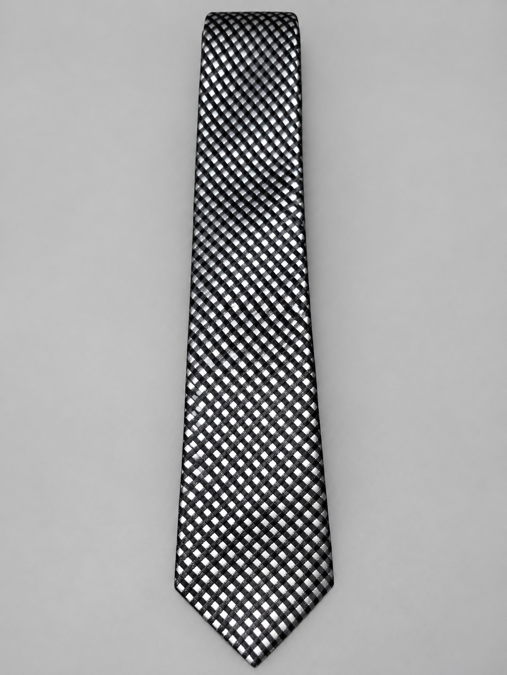 Blue Dolphin Slim Fit Men’s Tie Black Silver Checkered Geometric Necktie